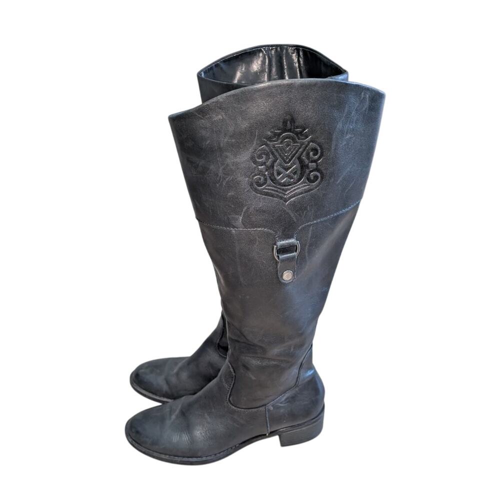 Franco Sarto Clarity Black Leather Riding Boots Buckle Crest Tall 7.5M